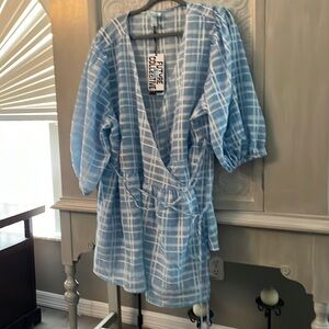 NWT Blue-Checkered Wrap Blouse